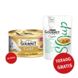 Gourmet Gold Feine Komposition Ente & Truthahn 48x85g + Crystal Soup Huhn und Gemüse 10x40g GRATIS!