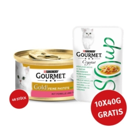 Gourmet Gold Feine Pastete Forelle und Tomaten 48x85g + Crystal Soup Huhn und Gemüse 10x40g GRATIS
