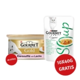 Gourmet Gold Soufflé Lachs 48x85g + Crystal Soup mit Huhn und Gemüse 10x40g GRATIS!